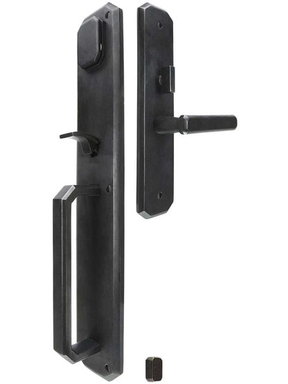 Solid Bronze Angular Thumb-Latch Mortise Entry Set with Artemis Lever Left Handed in Dark Bronze.